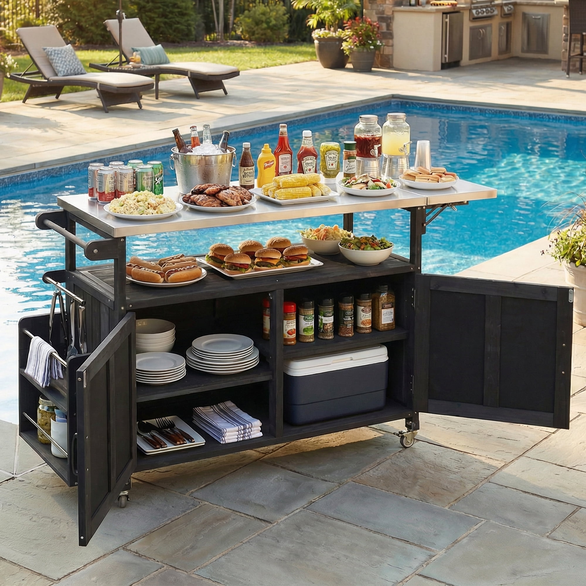 Mobile Cooking Island, Foldable Outdoor Patio Kitchen Cart, Black