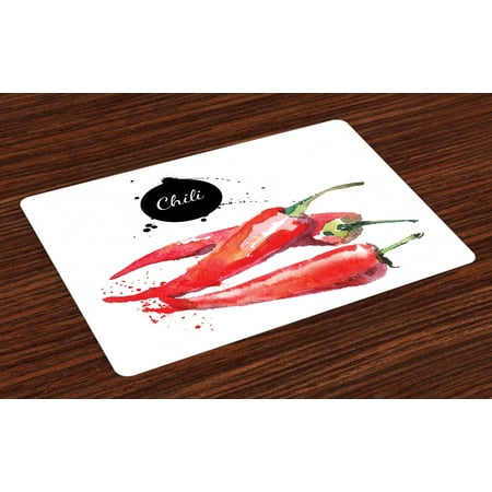 Food Placemats Set of 4 Hand Drawn Watercolor Illustration of Chili Pepper Spicy Ingredient, Washable Fabric Place Mats for Dining Room Kitchen Table Decor,Fern Green Vermilion Black, by Ambesonne