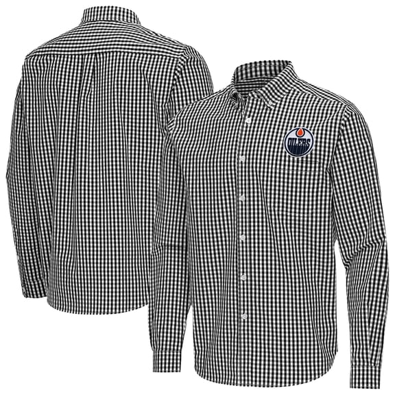 Men's Antigua Black Edmonton Oilers Ellis Tri-Blend Long Sleeve Button-Down Shirt