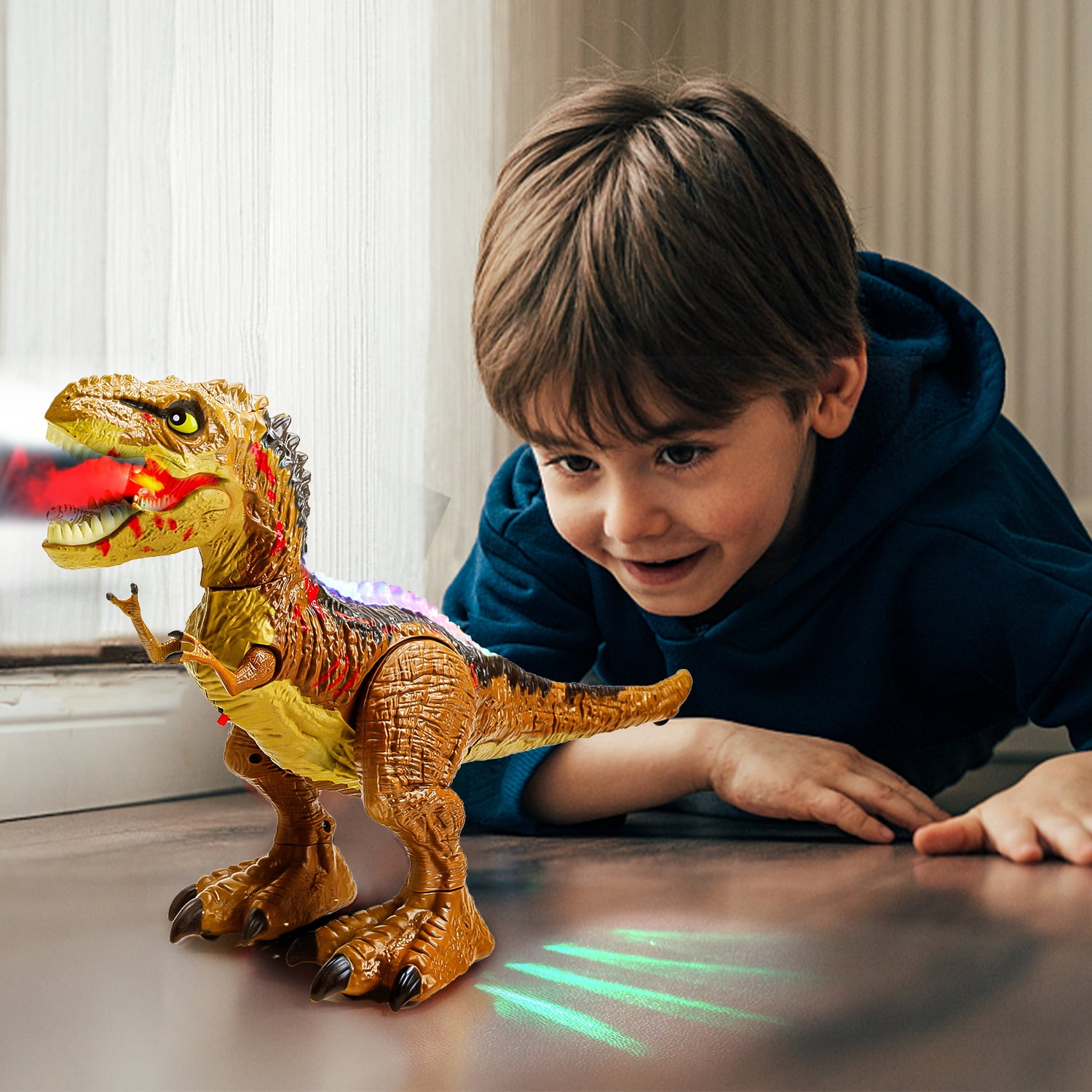 JoyStone Remote Control Dinosaur Toys for Kids, Electric Walking RC T-Rex, Realistic Tyrannosaurus Dino Robot with Roaring and LED Light for Boys and Girls Age 3+, Brown