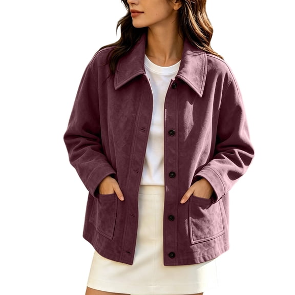 PRINxy Women's Point Collar Button Front Mid Length Casual Jacket With Side Patch Pockets Relaxed Fit Outerwear For Wine Tasting Purple S
