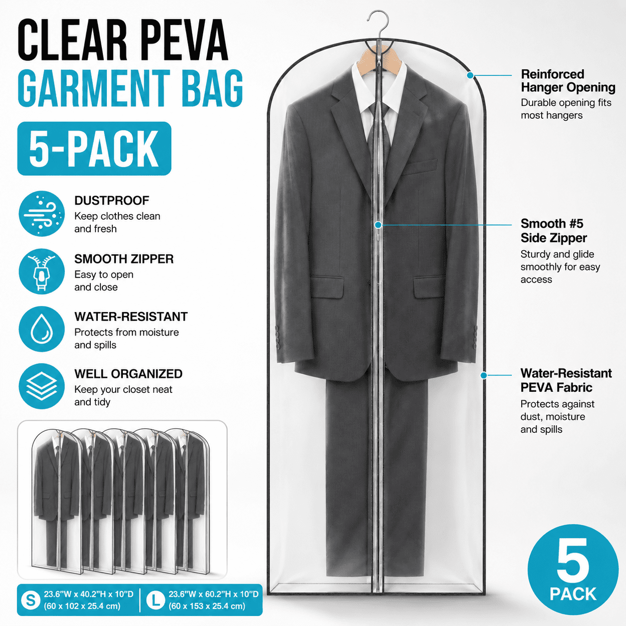 5-Pack 40-Inch Clear Garment Bags for Clothes - Waterproof, Dustproof, Hanging Storage Cover for Suits, Jackets, Sweaters, and Coats