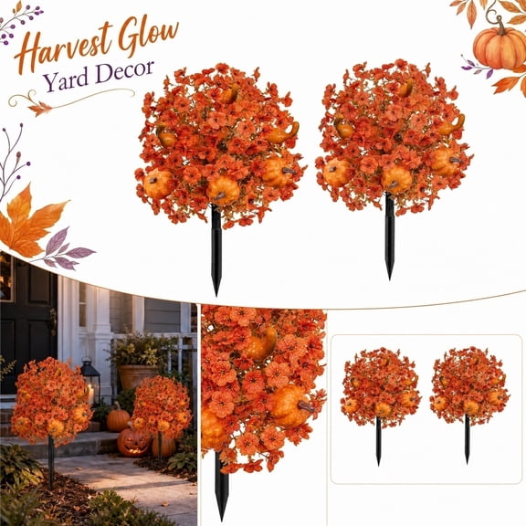 Anvora 2 Pack Halloween Faux Pumpkins Fall Artificial Flower Stake, 22 Inch Pumpkin and Gourd Floral Bush with Ground Stake for Thanksgiving, Autumn Garden, Yard and Porch Halloween Outdoors Decor