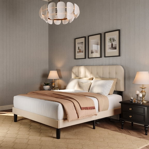 Upholstered Platform Bed Frame with Headboard, Sturdy Wooden Slats, Noise-Free, No Box Spring Needed, Easy Assembly, Modern Bedroom Furniture - Queen, Beige