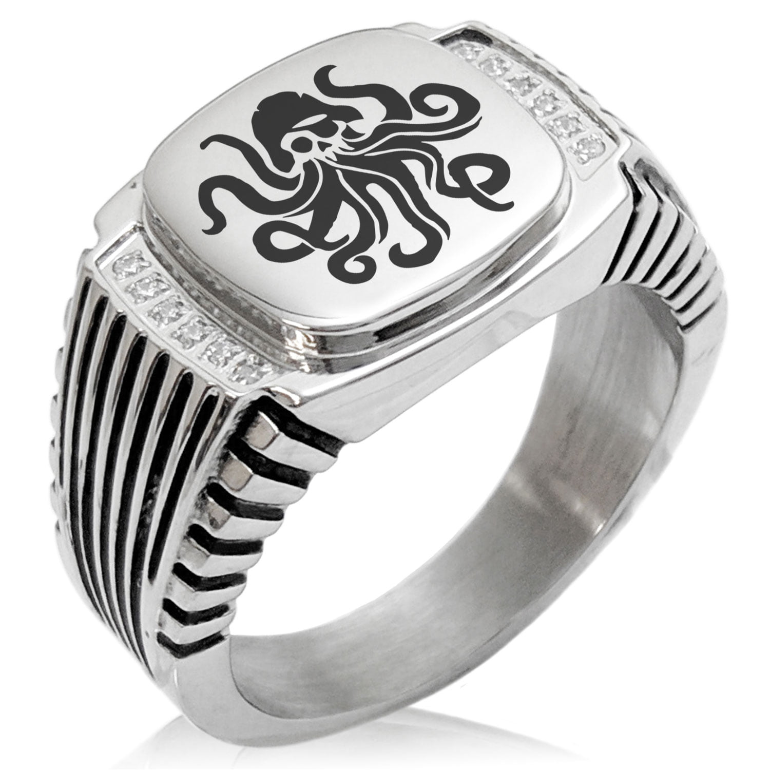 Tioneer Stainless Steel Pirate Anchor & Pistols Emblem Chevron Pattern Biker Style Polished Ring 