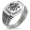 thumbnail image 1 of Stainless Steel Kraken Octopus Pirate Skull CZ Ribbed Needle Stripe Pattern Biker Style Polished Ring, 1 of 1