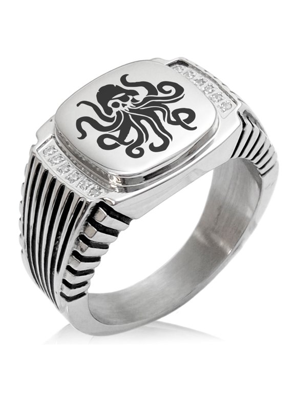 Stainless Steel Kraken Octopus Pirate Skull CZ Ribbed Needle Stripe Pattern Biker Style Polished Ring