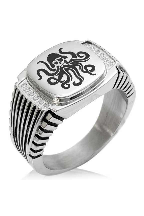 Stainless Steel Kraken Octopus Pirate Skull CZ Ribbed Needle Stripe Pattern Biker Style Polished Ring
