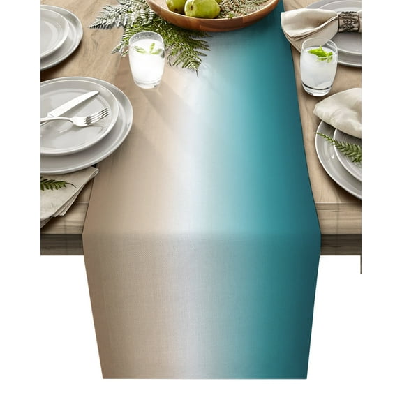 Hokiten Table Runners 108 Inches Long Dress Scarves, Gradient, Farmhouse Coffee/Dining/Kitchen Table Runner for Living Room, Abstract Ombre Teal Khaki Colored 13x108 Inch