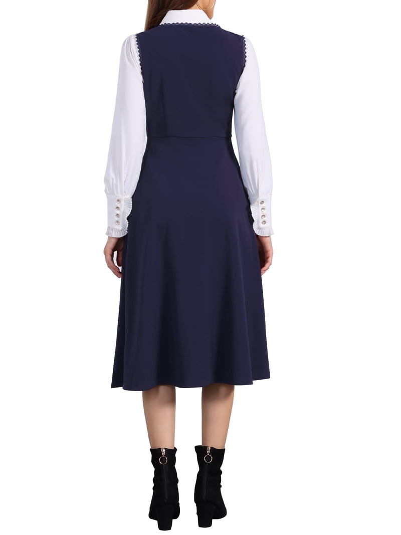 Inspire CHIC Allegra K Vintage Pinafore Dress for Women's Lace Trim Button Overalls Midi Dress with Pockets XL Dark Blue