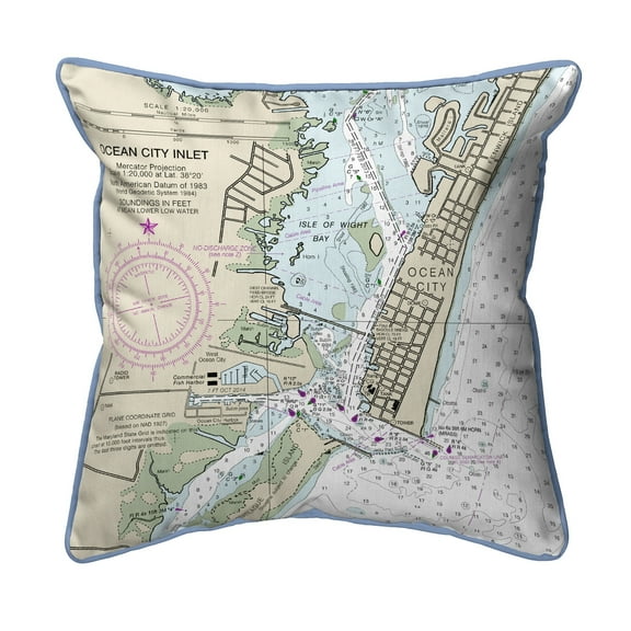 Betsy Drake Interiors Ocean City Inlet, VA Nautical Map Small Corded Indoor/Outdoor Pillow 12x12