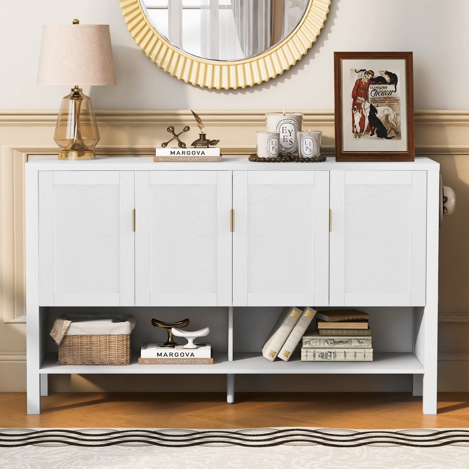 55.1" Modern Storage Sideboard Cabinet, 4-Door Buffet Cabinet with Adjustable Shelves, Open Shelf & Hooks for Living Room Dining Room Entryway, White