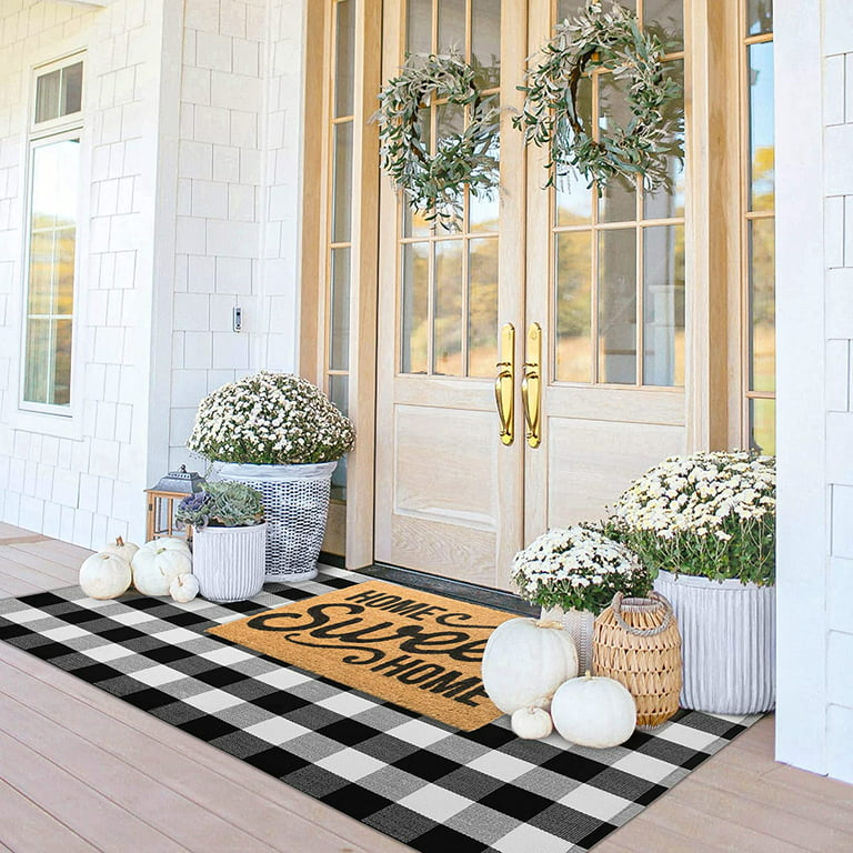 Black and White Outdoor Porch Rug, Layering Front Door rug, Cotton