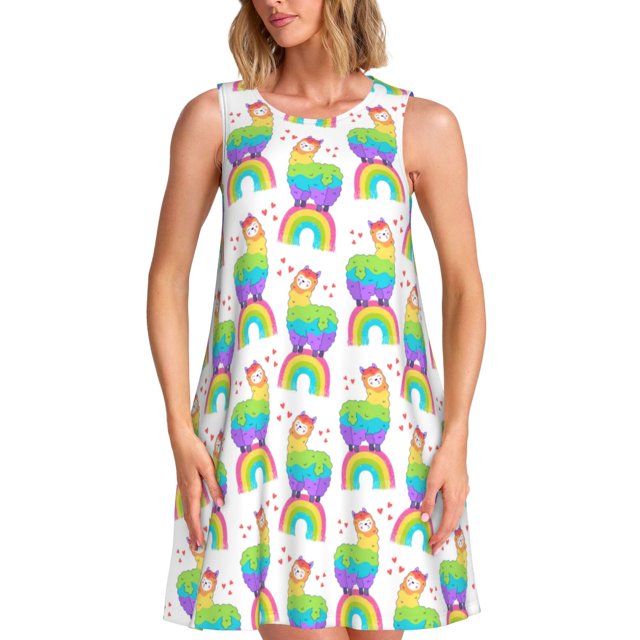 Fotbe Rainbow Llama Vestido de Verano sin Mangas para Mujer – Vestido Midi Línea A, Estilo Camiseta Floral, Vestido Playero Casual y Fluido
