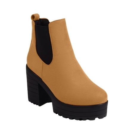 

hopeusnice Women s Platform Ankle Boots Chunky Heel Comfortable Stylish Boots Side Pull On Suede Faux Leather Block Heel Winter Boots Beige 41