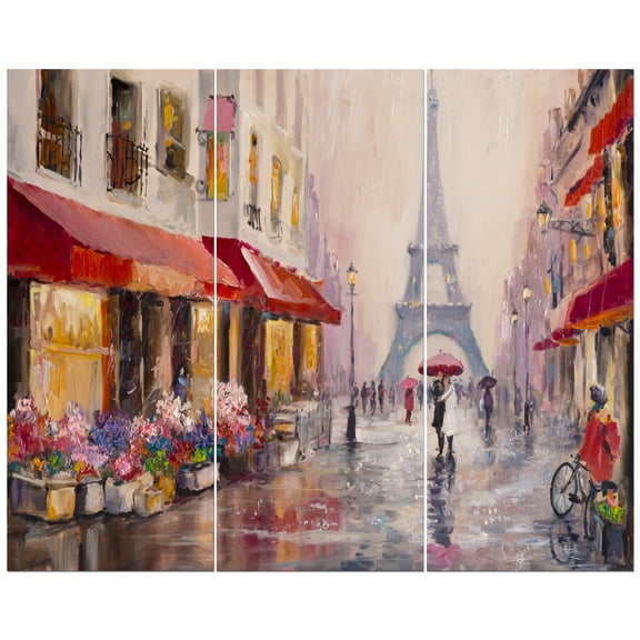 Designart 'Lovers in Paris Eiffel Tower ' Cityscapes Painting Print on Wrapped Canvas set