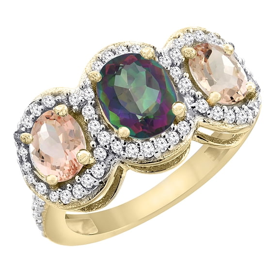14K Yellow Gold Natural Mystic Topaz & Morganite 3-Stone Ring Oval Diamond Accent, size 8