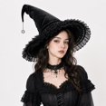 thumbnail image 6 of Hkoxplj Lace Tulle Witch Hat for Women Vintage Gothic Halloween Costume Hat Wide Brim Pearl Beaded Bow Hat with Star Charm Pendant Pointed Top Velvet Hat for Party Cosplay Photoshoot, 6 of 6