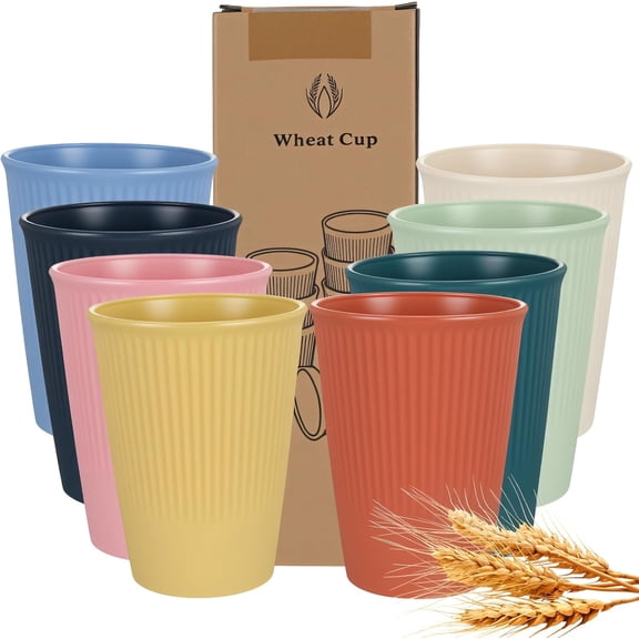 Nib 8 Pcs Wheat Straw Cups, Unbreakable Drinking Cup, BPA-Free Dishwasher Safe Water Glasses with 8 Colors for Drinking Water, Juice,Milk, Soda, Coffee,Easy to Clean & Reusable, 13.5 oz