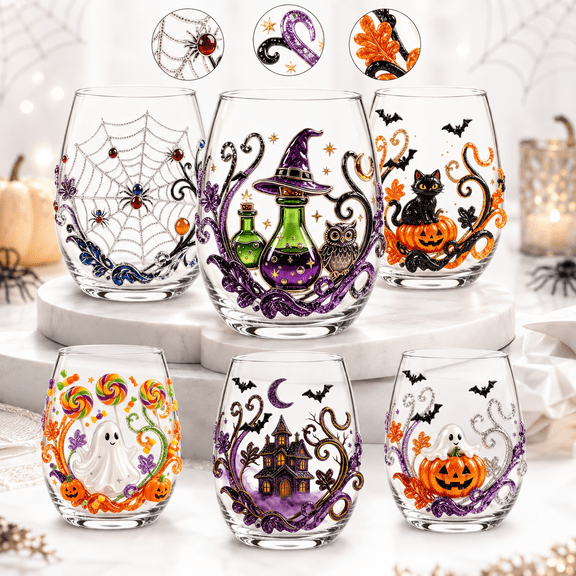 Difdany 2D Halloween Artisan Glassware Collection, Stemless Halloween Glass with Colorful 2D Pumpkin Ghost Moon Bat and Haunted House Designs for Fall Parties and Seasonal Display