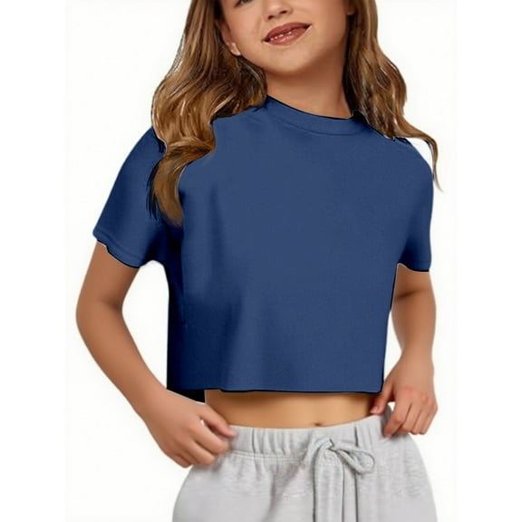 Kiijoy Girls Summer Short Sleeve Crop Top Casual Sports Solid Crew Neck T-Shirt, Sizes 5-14