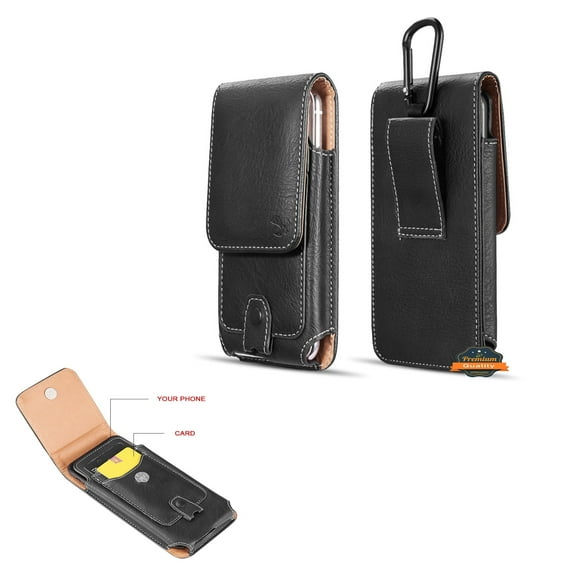 For Samsung Galaxy A53 5G Universal Vertical Leather Case Holster with Credit Card Holder, Belt Loop & Carabiner Carrying Phone Pouch - Black