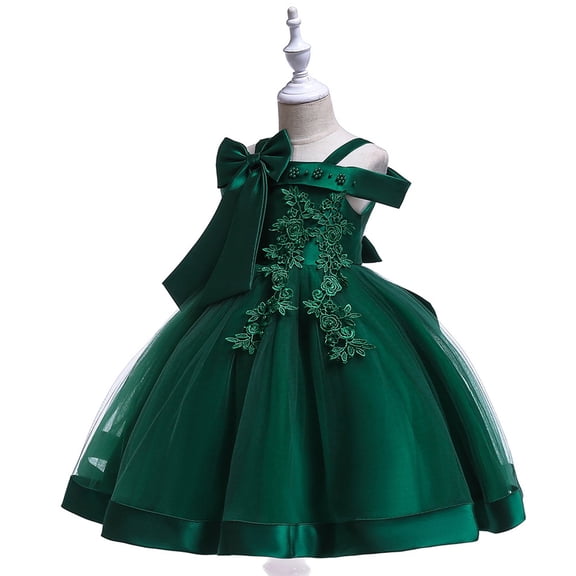 Girls Spaghetti Strap Dress, Thin Strap Flower Girl Dress with Floral Print, Elegant Tulle Party Gown for Wedding, Birthday and Special Occasions, Age 3-12 Years Blackish Green 110
