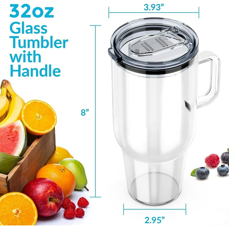 32 Oz Glass Tumbler with Handle, Clear Tumbler with Lid, Straw & Straw  Brush, 32 oz Cup with Lid for Hot & Cold Drinks, Reusable Smoothie & Iced  Coffee Cup, 32 oz