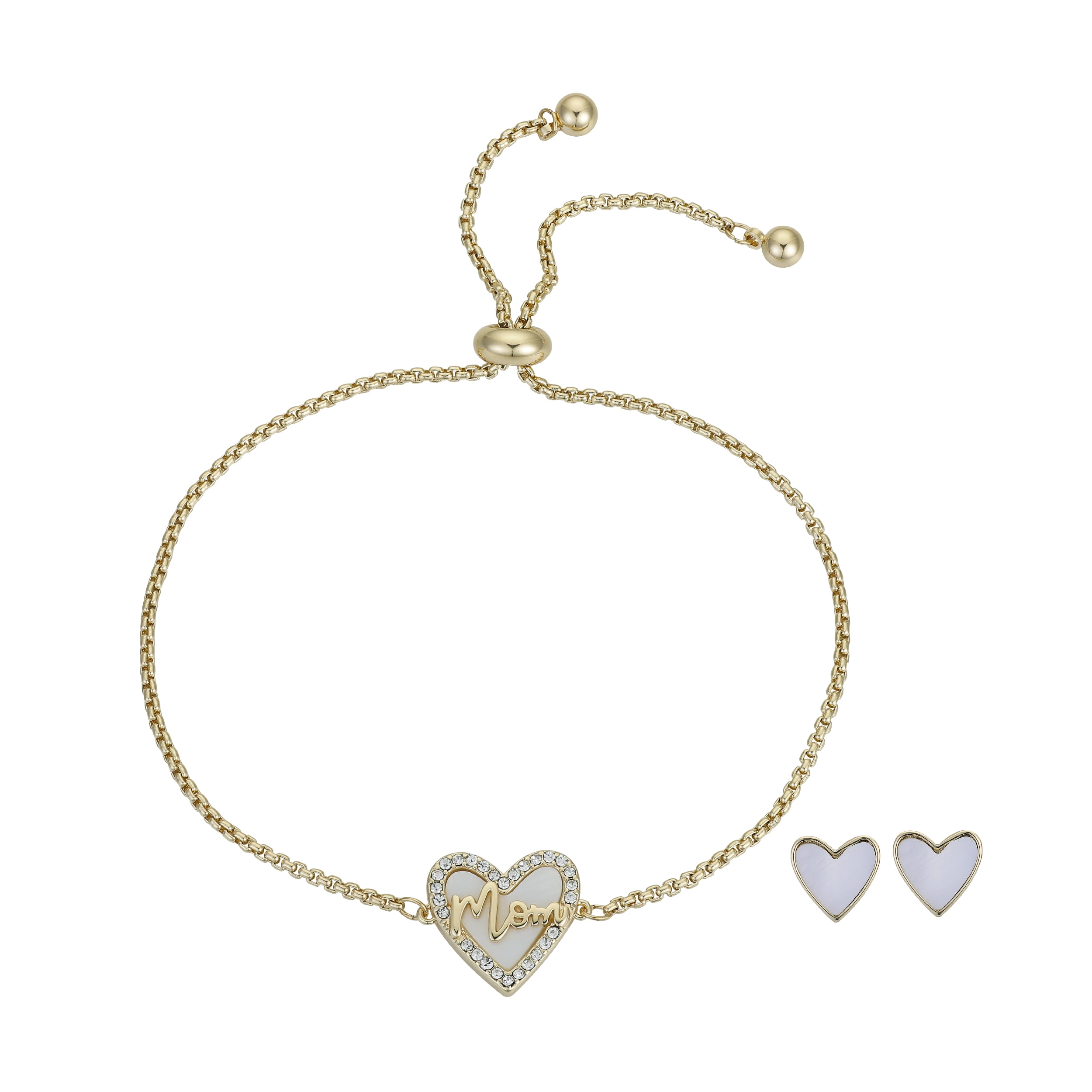 14Kt Gold Flash Plated Mother of Pearl 'Mom' Heart Adjustable Bolo Bracelet and Earring Set