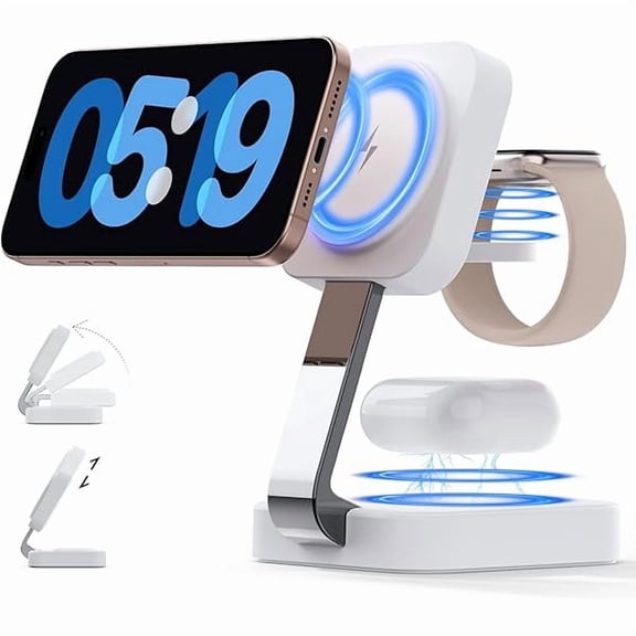 Saluqifa 2025 Magnetic Foldable 3-in-1 Charger, Wireless Charger Station, Travel for iPhone 16 15 14 13 12 Pro Max Plus, Holder for Apple Watch Series and Air pod 4 3 2 Pro, Gift for Men/Women(White)