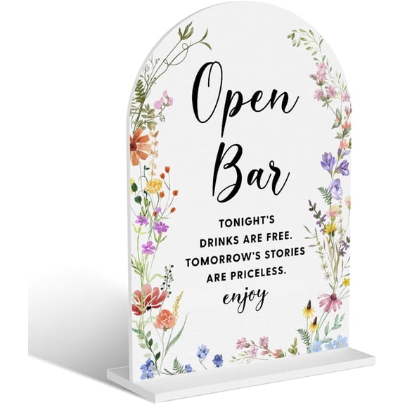 Acrylic Wedding Signs, Open Bar Signs for Marriage Reception, Bridal Shower Decorations, Modern Arched Round Top Acrylic Table Top Sign with Holder for Wedding Party Dinner
