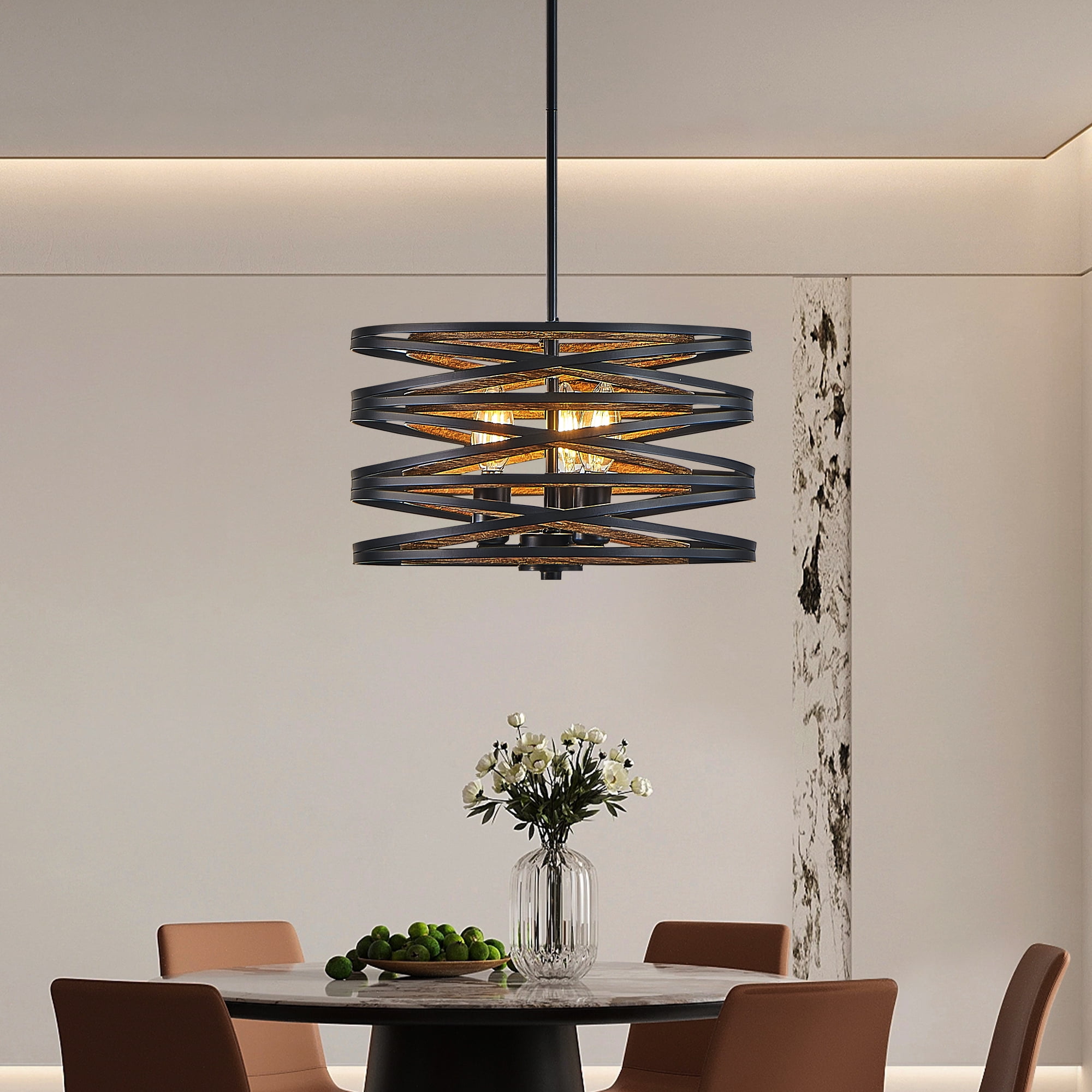 12.6''Farmhouse Chandeliers Rustic Drum Pendant Light for Dining Room,3-Light Industrial Metal Hanging Light Fixture, Retro Wood Texture Interior E12
