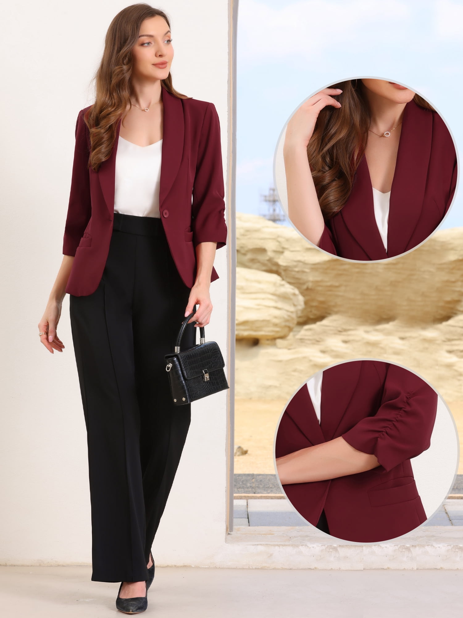 DARING DIVA Women's 3/4 Sleeve Shawl Lapel Work Blazer with Pockets S Burgundy
