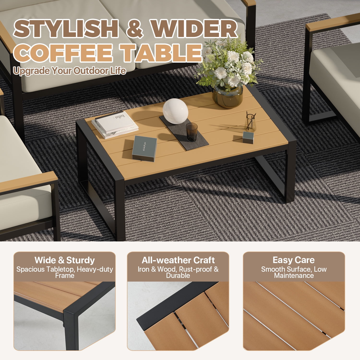 BaPiPro 4PCS Outdoor Exposed Tube Sofa Set, Beige Modern Sturdy Steel Frame & PS Composite Wood Armrest Patio Furniture Set with Coffee Table, All-Weather Removable Washable Polyester Cushions for Ba