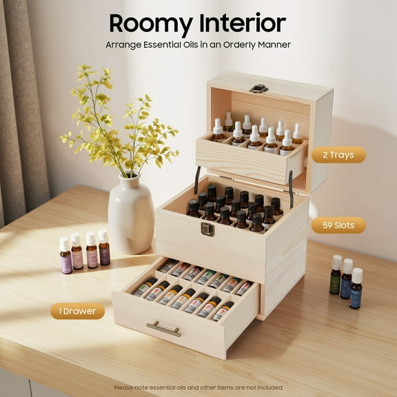 Wooden Essential Oil Storage Box with 3 Tiers, 1 Drawer & 59 Slots – Compact Organizer for 15ml Bottles and 10ml Rollers