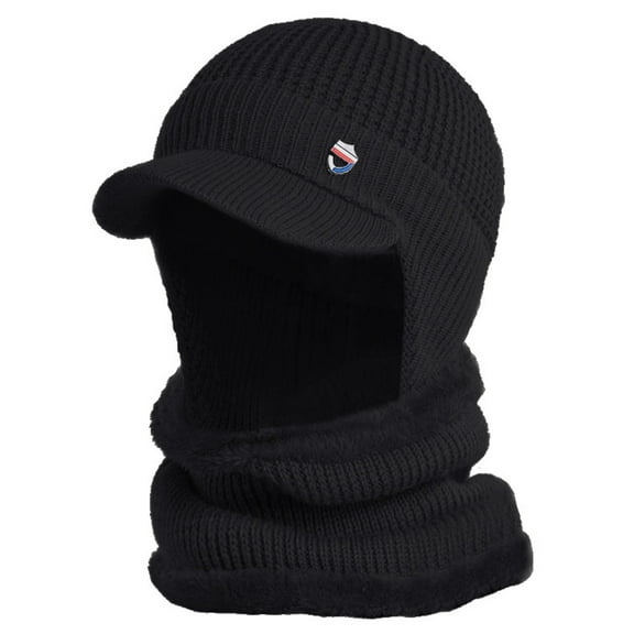 Aellinatey Mens Winter Beanie Hat Circle Scarf Set Warm Knit Visor Brim Earflap Skull Cap