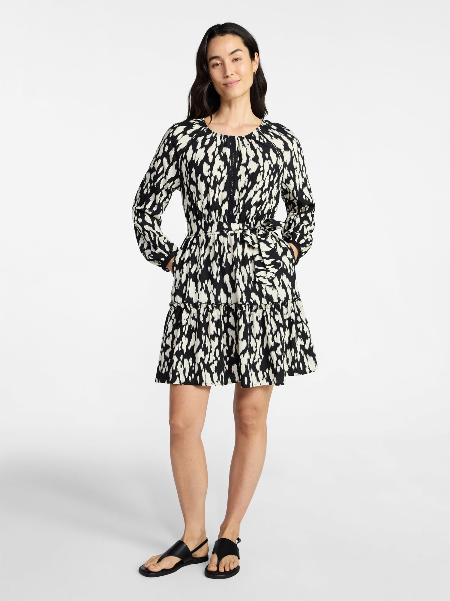 Time and Tru Women's Lace Trimmed Mini Dress with Long Sleeves, Sizes XS – XXXL