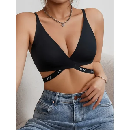 

Letter LOVE Thin Strap Single Buckle Cross Push Up Bra Solid Seamless Side Receiving Bra Women‘s Lingerie & Underwear