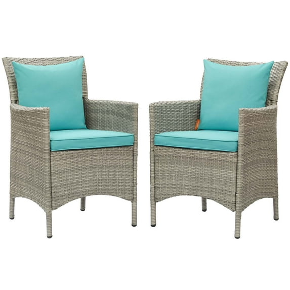 Side Dining Chair Armchair, Set of 2, Rattan, Wicker, Light Grey Gray Blue, Modern Contemporary Urban Design, Outdoor Patio Balcony Cafe Bistro Garden Furniture Hotel Hospitality