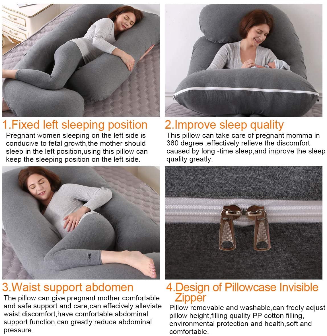 Pregnancy Pillow for Sleeping, Extra Large J Shaped Body Pillow, Maternity Pillow for Pregnant Women with Cotton Cover, Dark Grey,57x27.5 inch