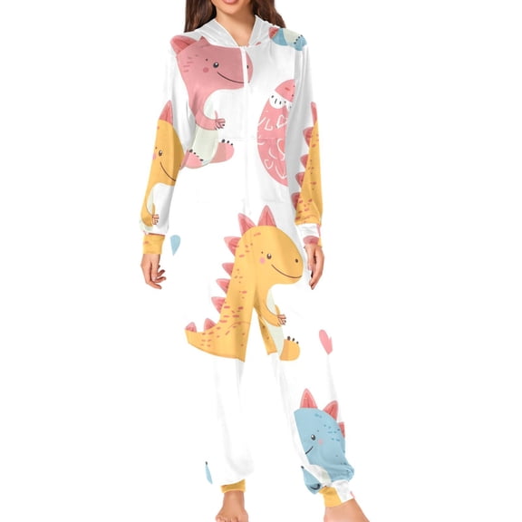 Cute Dinosaur Heart Egg Adult's Hoodie Onesie Jumpsuit One-Piece Pajamas with Zipper Unisex for Holiday S