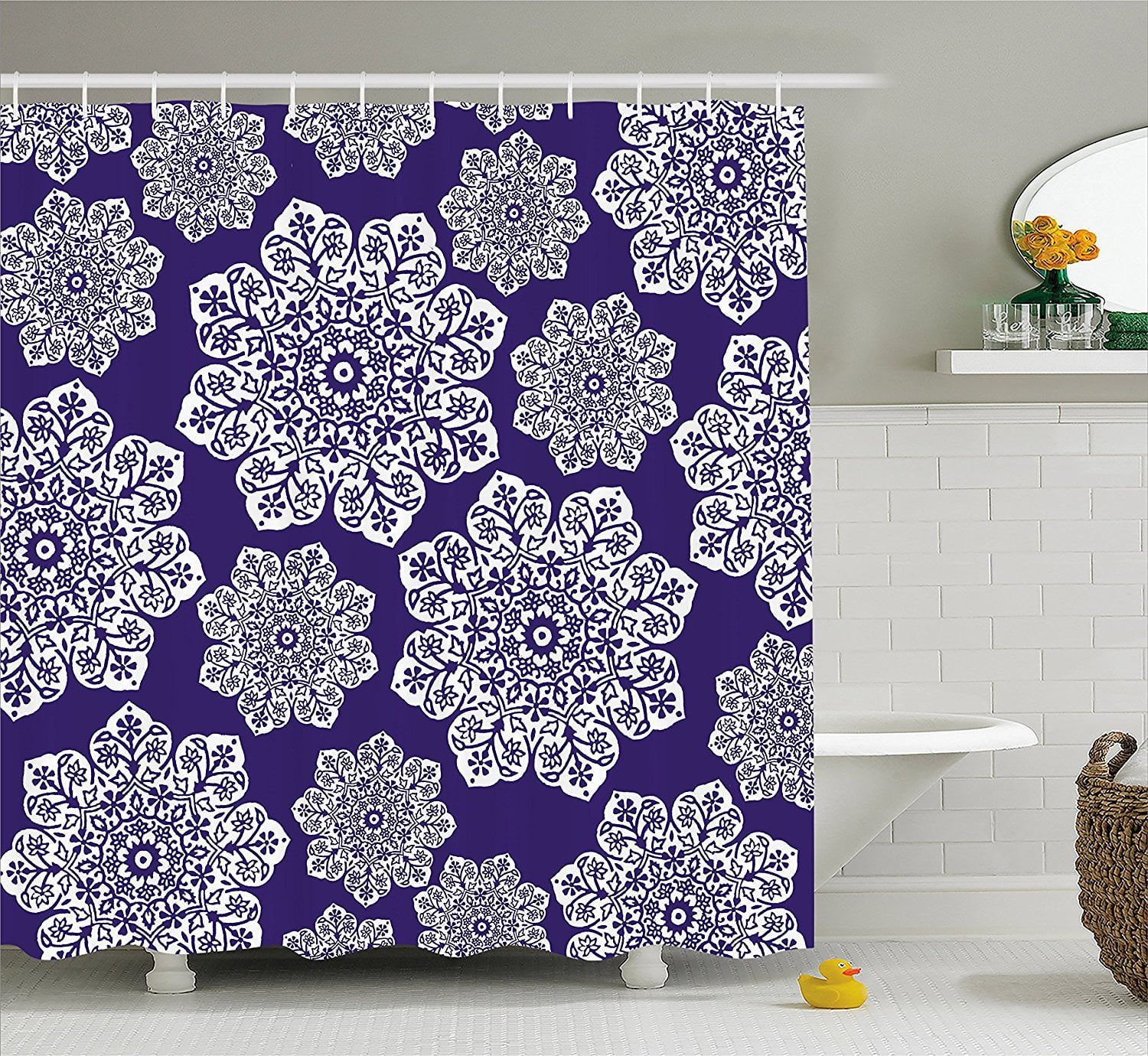 Navy Blue Decor Shower Curtain Set by , Floral Lace Graphic Print