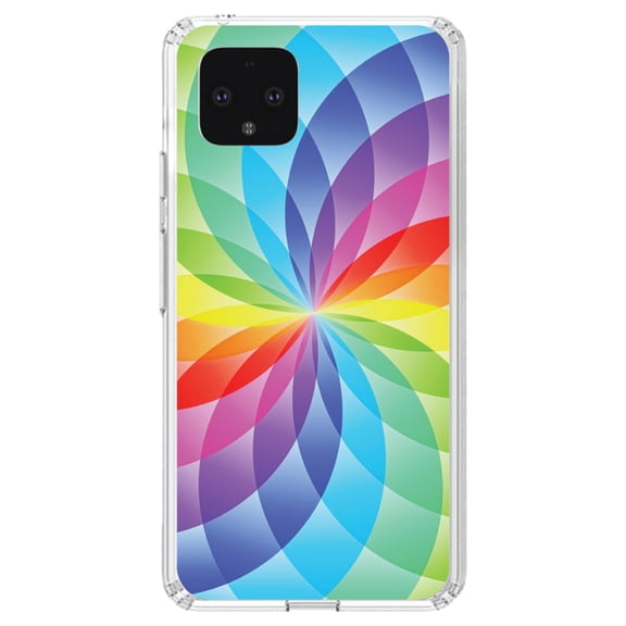 DistinctInk Clear Shockproof Hybrid Case for Google Pixel 4 (5.7" Screen) - TPU Bumper, Acrylic Back, Tempered Glass Screen Protector - Rainbow Star Geometric