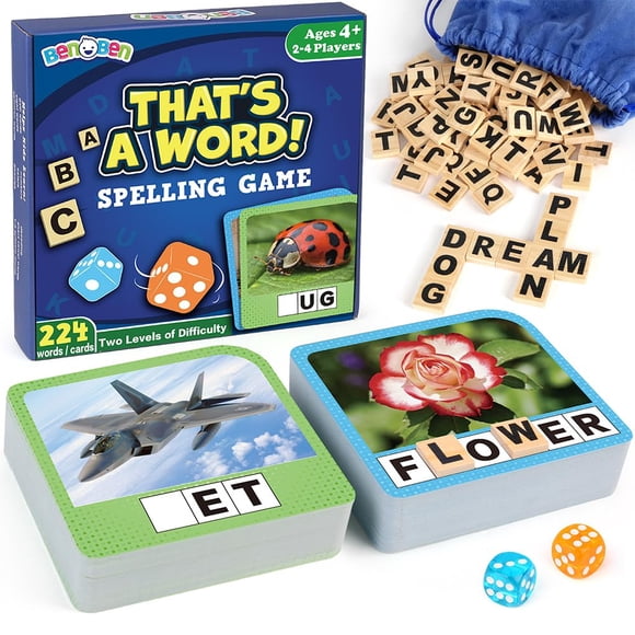 BenBen Spelling Games with 224 Flashcards, 2-4 Players, Learning Games for Kids Ages 4-8, Educational Autistic Toys for Kindergarten 1st 2n