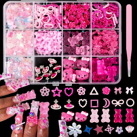 3D Pink Nail Charms Bulk Gummy Bear Butterfly Bow Assorted Nail Charms Set Planet Cherry Gems Cute Heart Star Pearls Nail Charms for Nail Art DIY Supplies Accessories