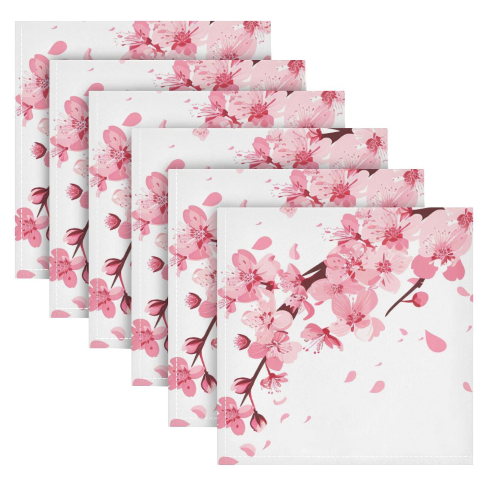 JSTEL Pink Cherry Blossom Flower Floral 6 Cloth Napkins Set of 6, 20x20 Inch Washable and Reusable Napkin for Decoupage Dinner Party Everyday Use