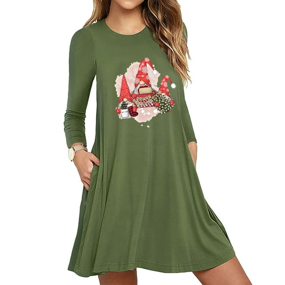 jsaierl Christmas Dresses for Women Gnomes Print Long Sleeve Dress Holiday Casual Crewneck Mini Shirt Dress for Christmas Party 2024