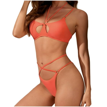 Summer Clearance Sale! TMOYZQ Women s Cutout Strappy Bikini Swimsuits Sexy High Cut Halter String Triangle Thong High Waisted Bikini Sets Cheeky 2 Piece Bathing Suits Swimwear