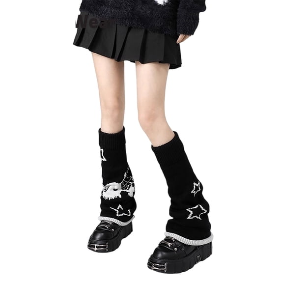 HNMKIU Reversible Star And Pattern Leg Warmers Knee High Socks Alternative Fashion Wear For Women And Girls Soft Stretchy Footless Tights Black,One Size