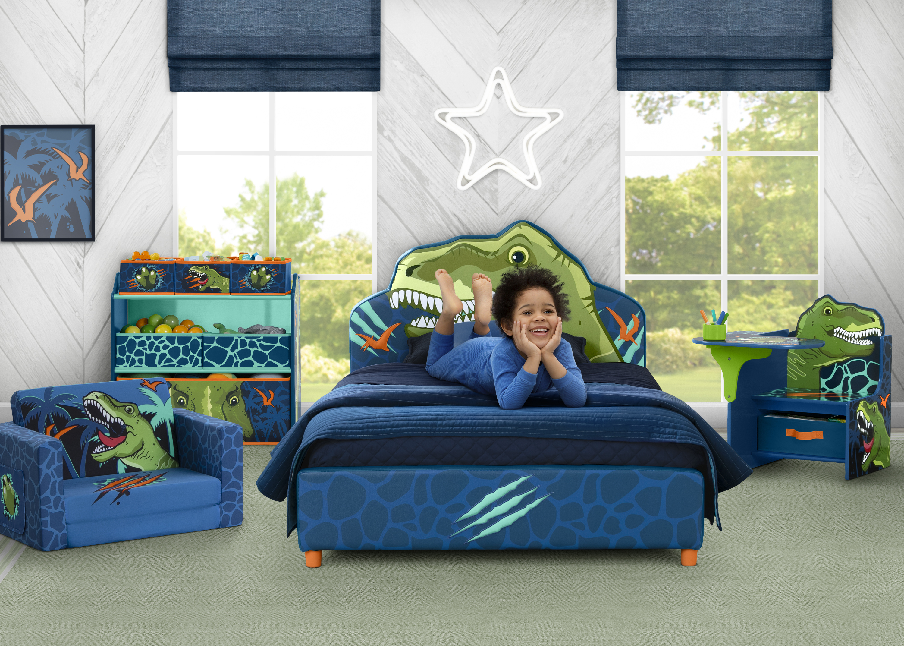 Delta Children Dinosaur Upholstered Twin Bed, Blue photo 2